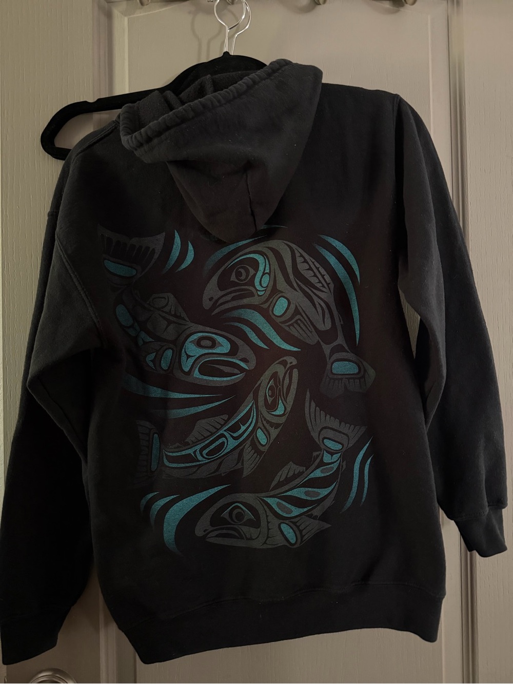 Native Origins Hoodie Sweatshirt with Teal Salmon indigenous Graphic - Men